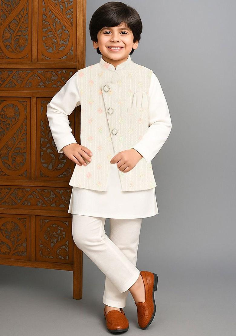 White Embroidered Blended Nehru Jacket Set For Boys - Indya