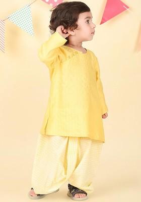 Yellow Embroidered Blended Kurta Dhoti Set For Boys