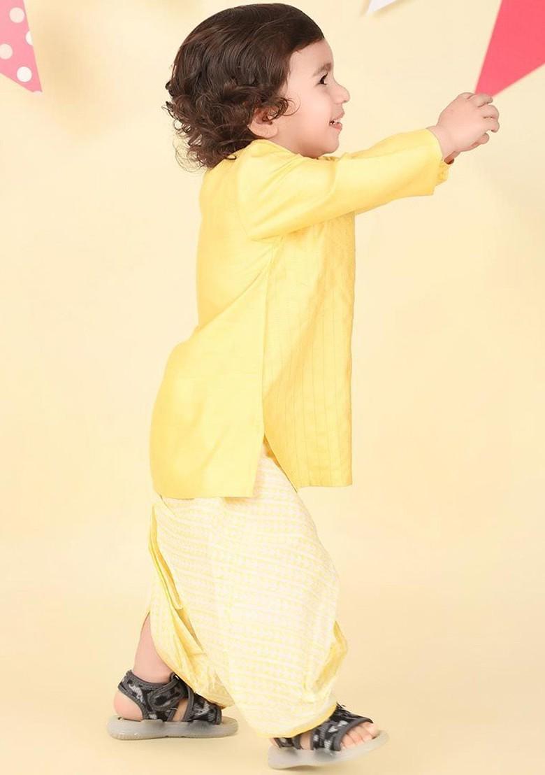 Yellow Embroidered Blended Kurta Dhoti Set For Boys - Indya