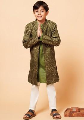 Green Embroidered Cotton Kurta Set For Boys