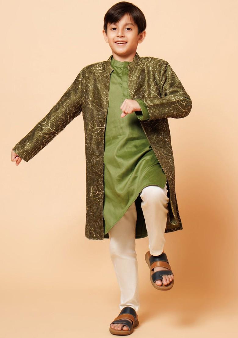Green Embroidered Cotton Kurta Set For Boys - Indya