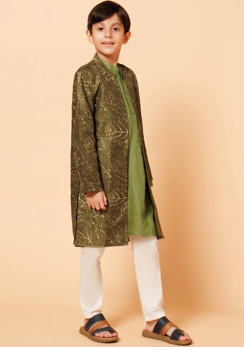 Green Embroidered Cotton Kurta Set For Boys - Indya