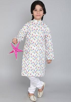 Off White Printed Cotton Kurta Set For Boys