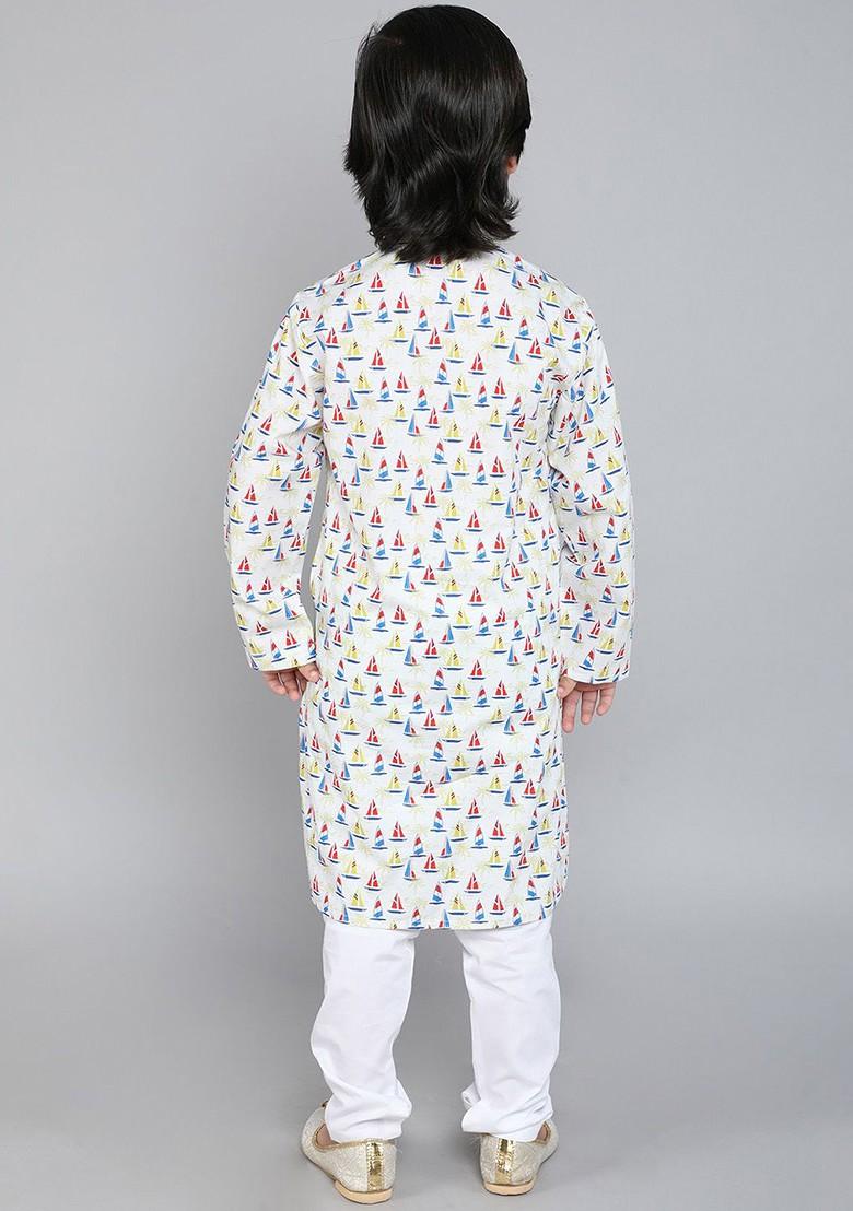 Off White Printed Cotton Kurta Set For Boys - Indya