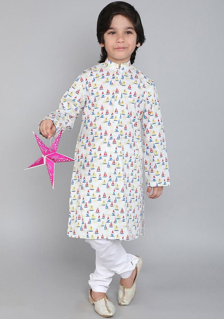 Off White Printed Cotton Kurta Set For Boys - Indya