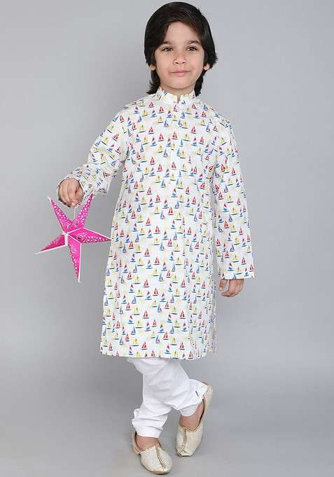 Off White Printed Cotton Kurta Set For Boys
