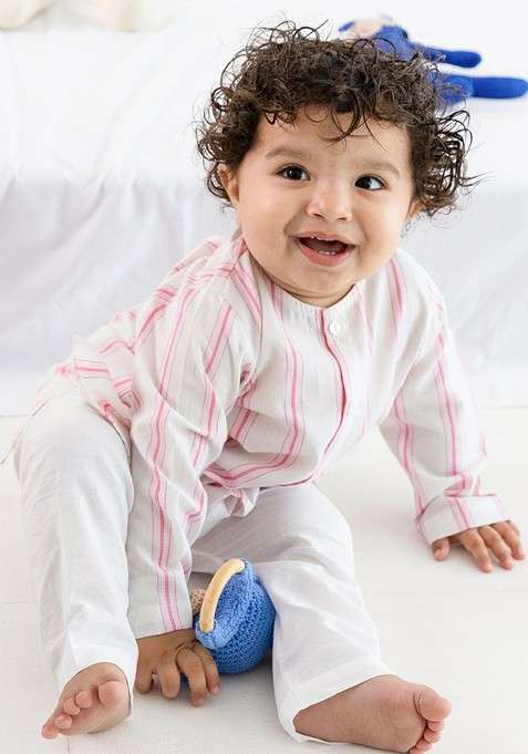 White Striped Cotton Kurta Set For Boys