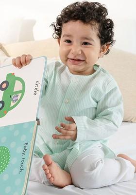 Green Striped Cotton Kurta Set For Boys