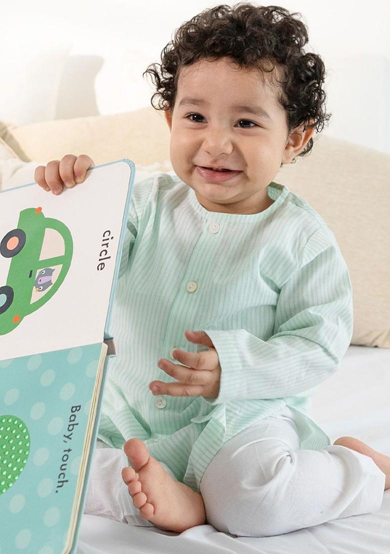 Green Striped Cotton Kurta Set For Boys - Indya