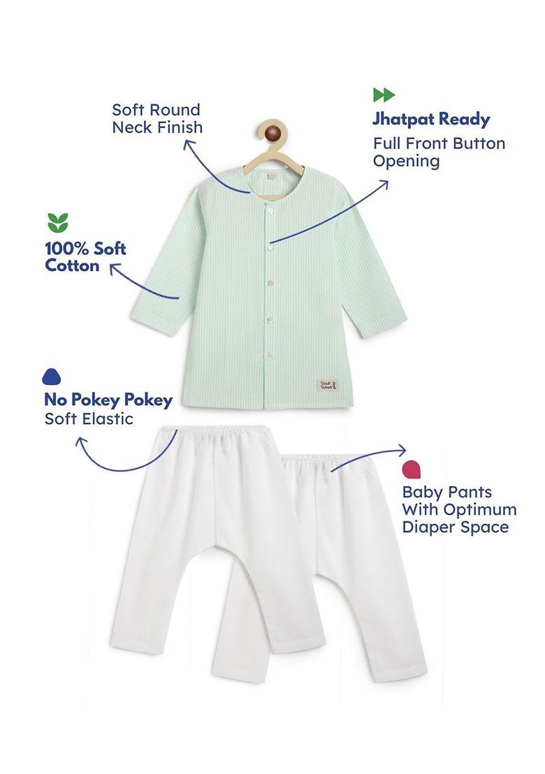 Green Striped Cotton Kurta Set For Boys - Indya