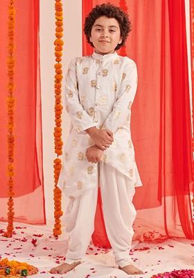 White Printed Blended Kurta Dhoti Set For Boys