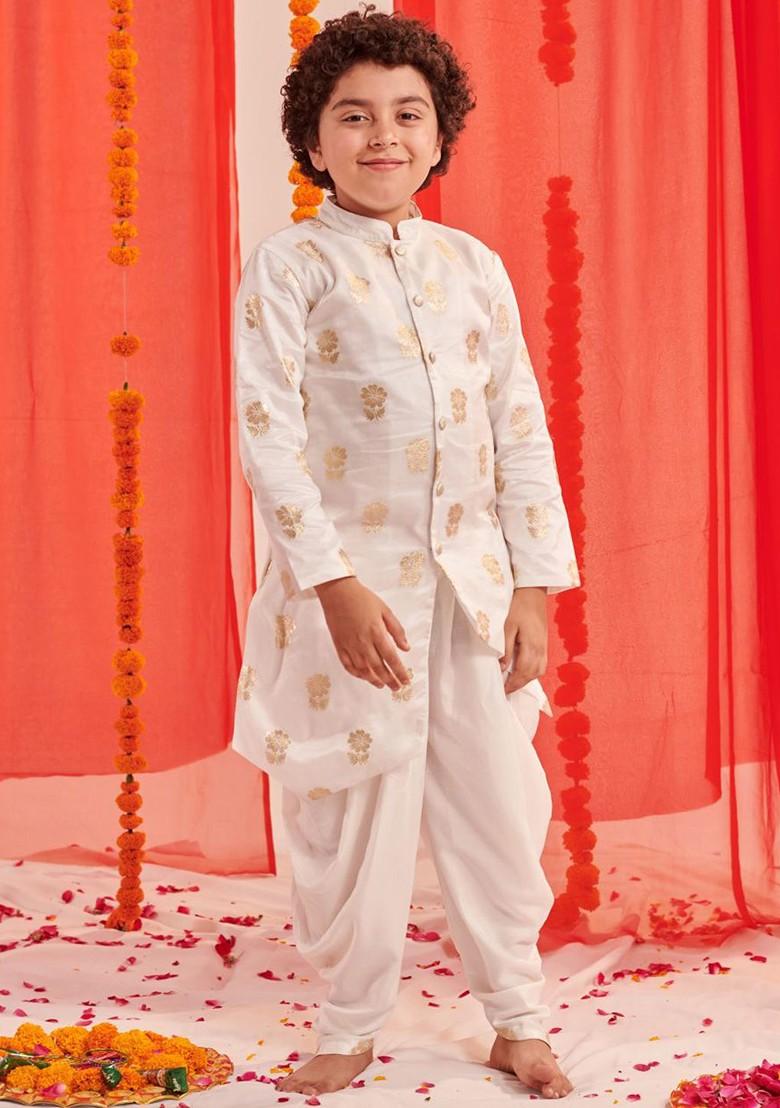 White Printed Blended Kurta Dhoti Set For Boys - Indya