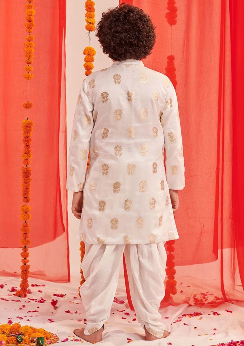 White Printed Blended Kurta Dhoti Set For Boys - Indya