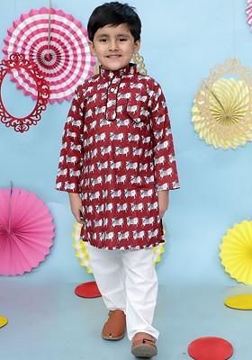 Maroon Printed Cotton Kurta Set For Boys