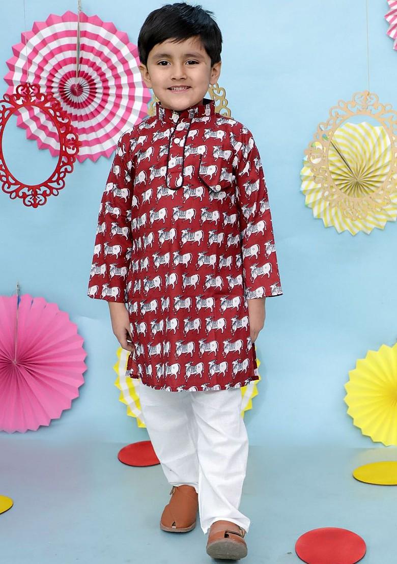 Maroon Printed Cotton Kurta Set For Boys - Indya