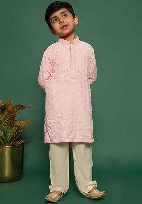 Pink Embroidered Blended Kurta Set For Boys