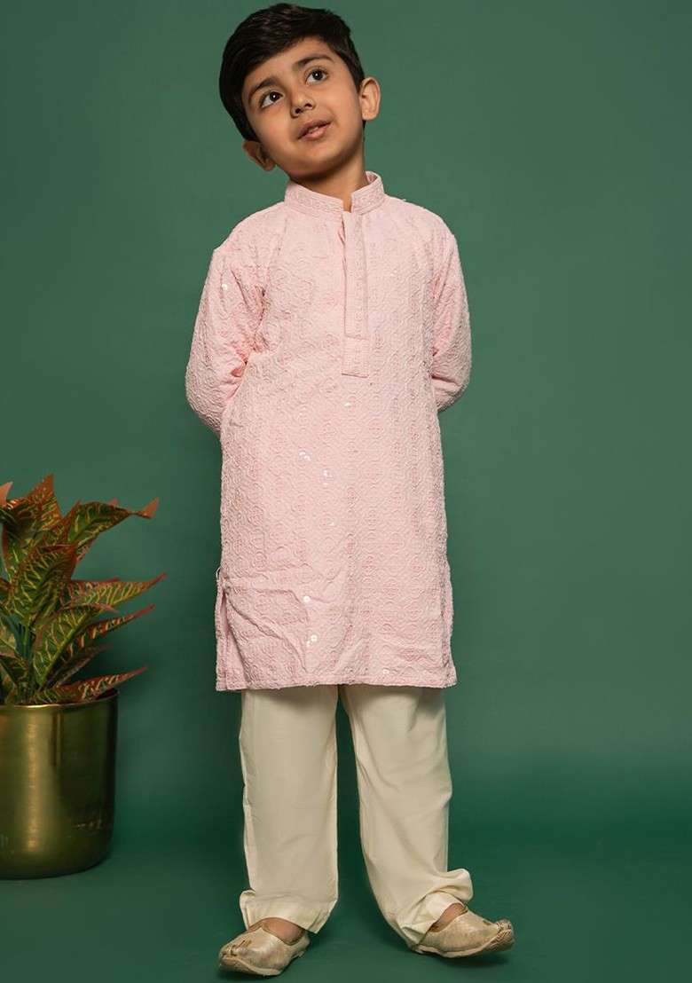 Pink Embroidered Blended Kurta Set For Boys - Indya