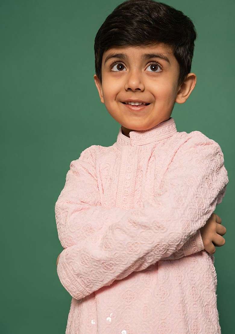 Pink Embroidered Blended Kurta Set For Boys - Indya
