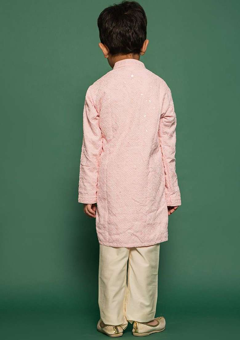 Pink Embroidered Blended Kurta Set For Boys - Indya