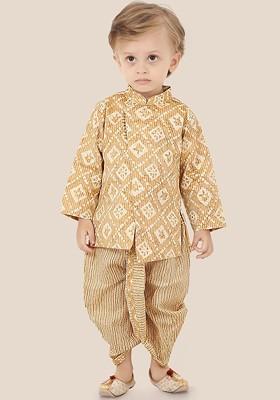 Beige Printed Cotton Kurta Dhoti Set For Boys