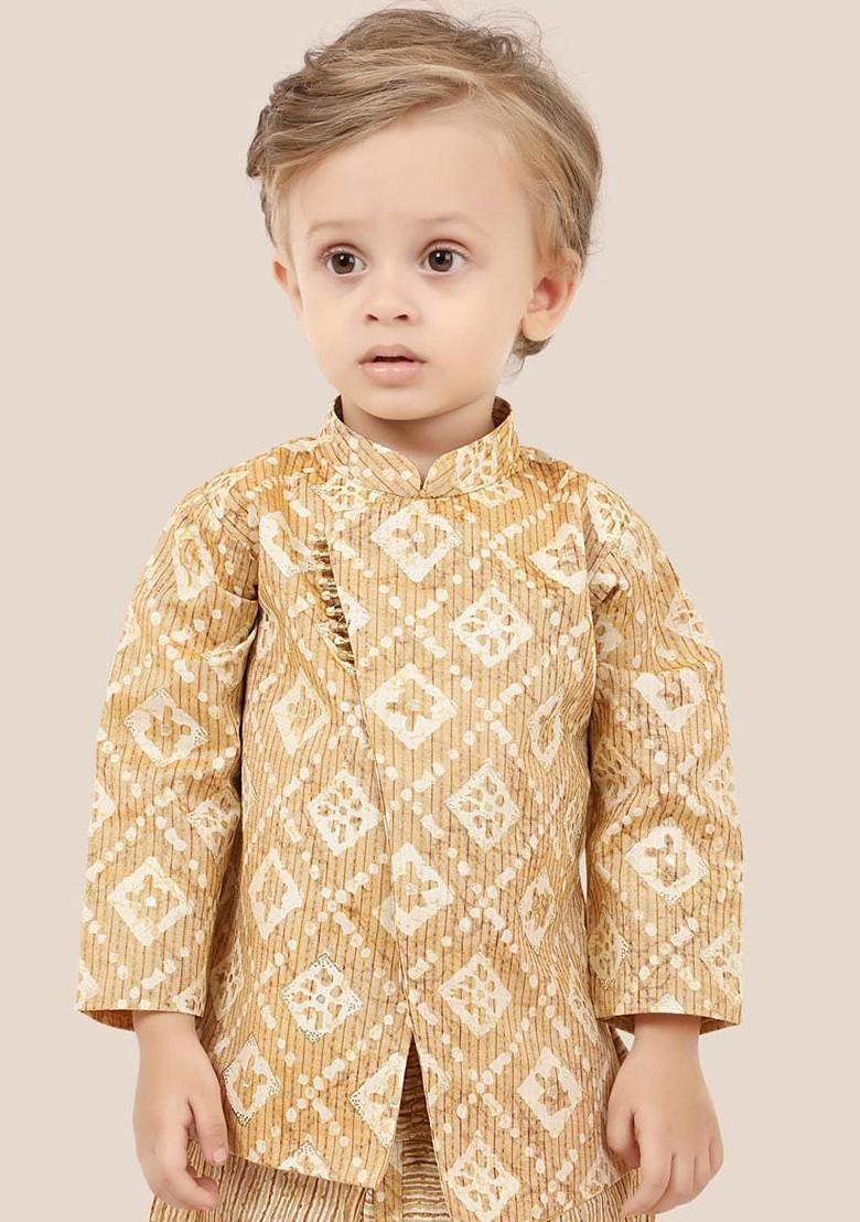 Beige Printed Cotton Kurta Dhoti Set For Boys - Indya