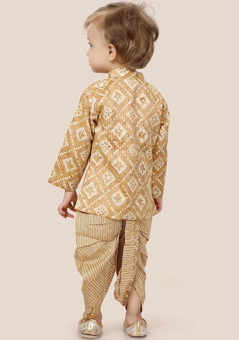 Beige Printed Cotton Kurta Dhoti Set For Boys - Indya