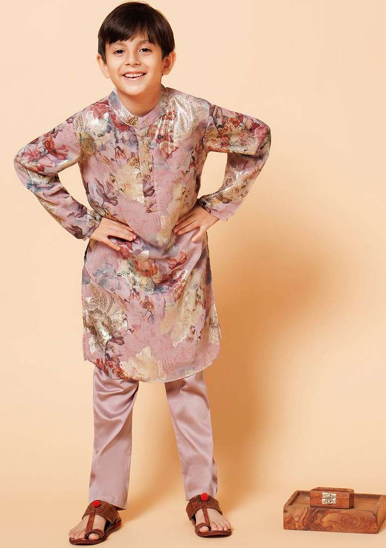 Mauve Printed Blended Kurta Set For Boys - Indya