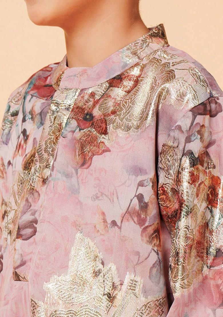 Mauve Printed Blended Kurta Set For Boys - Indya