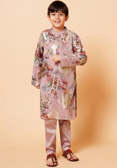 Mauve Printed Blended Kurta Set For Boys — view on Indya