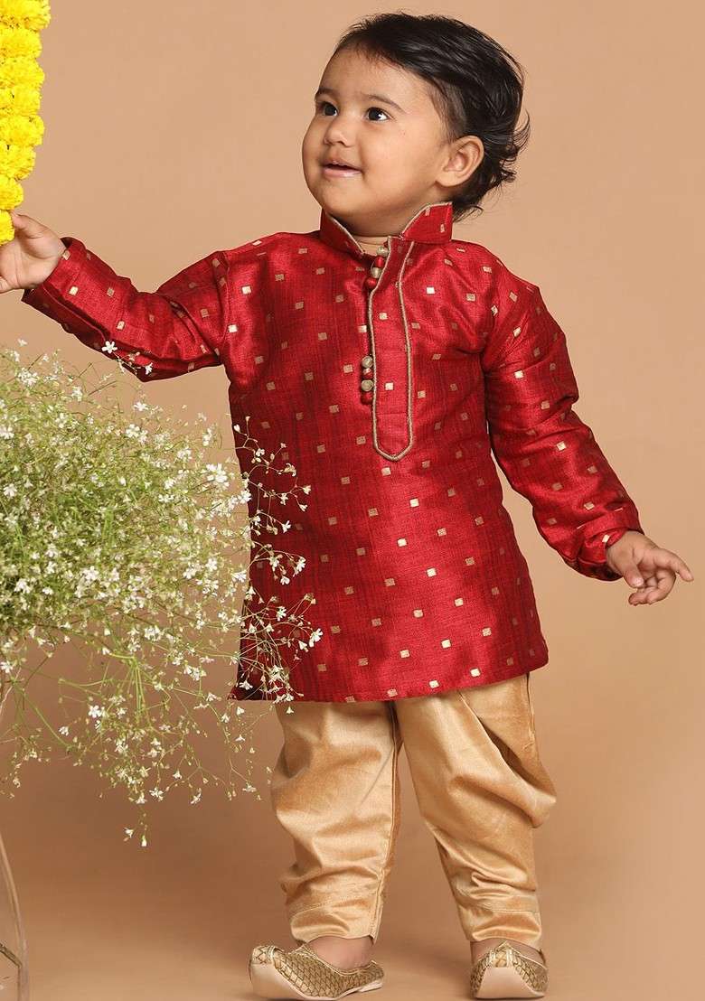 Maroon Embroidered Blended Kurta Dhoti Set For Boys - Indya