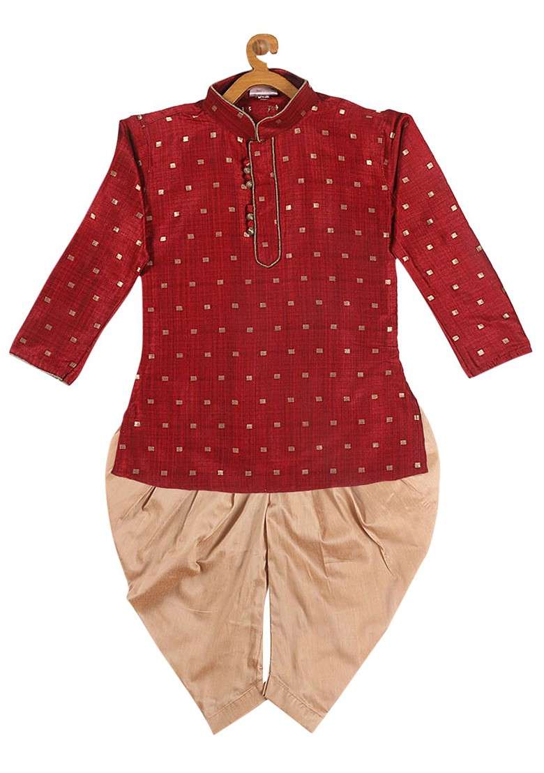 Maroon Embroidered Blended Kurta Dhoti Set For Boys - Indya