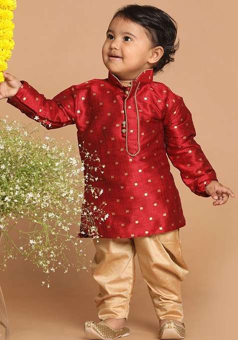 Maroon Embroidered Blended Kurta Dhoti Set For Boys
