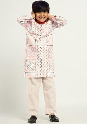 White Embroidered Cotton Kurta Set For Boys
