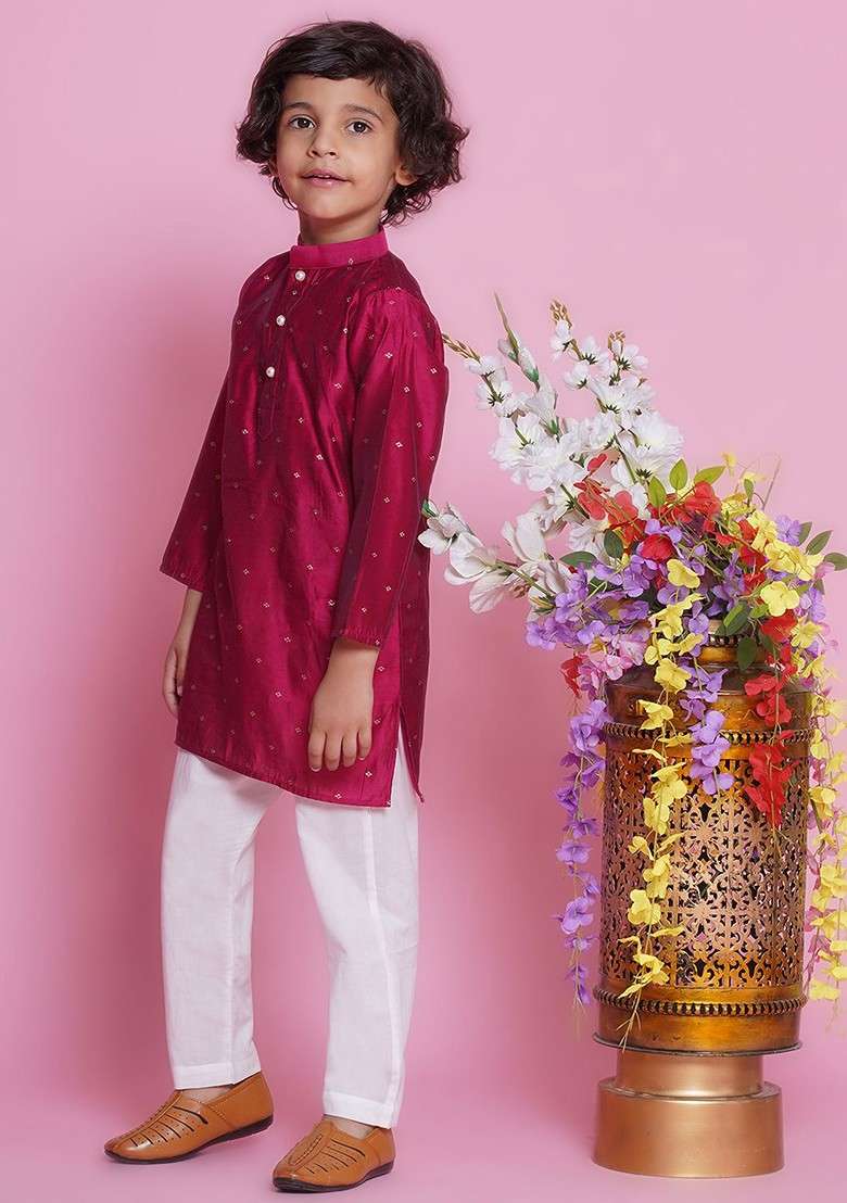 Pink Woven Design Cotton Kurta Set For Boys - Indya