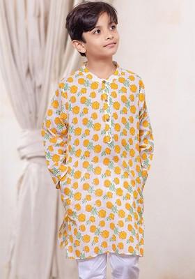 Orange Embroidered Blended Kurta Set For Boys