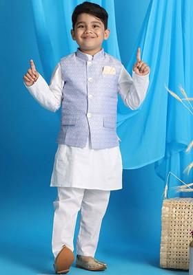 White Embroidered Cotton Nehru Jacket Set For Boys