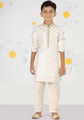 Cream Woven Design Blended Kurta Set For Boys