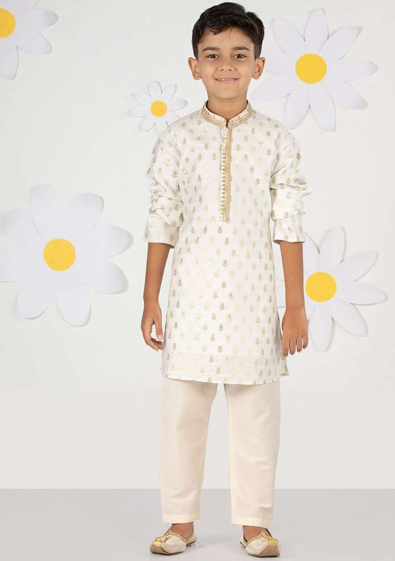 Cream Woven Design Blended Kurta Set For Boys - Indya