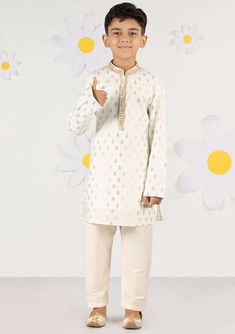 Cream Woven Design Blended Kurta Set For Boys - Indya