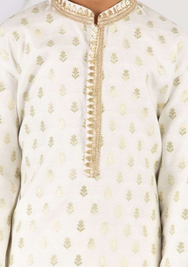Cream Woven Design Blended Kurta Set For Boys - Indya