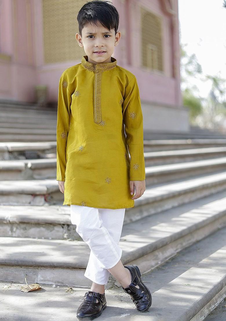 Yellow Embroidered Cotton Kurta Set For Boys - Indya