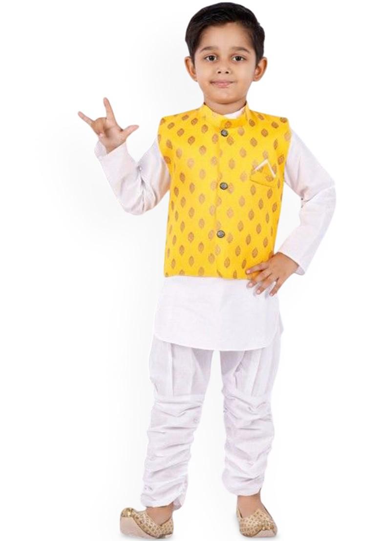 Yellow Solid Blended Kurta Set For Boys - Indya