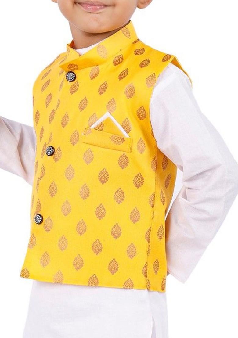 Yellow Solid Blended Kurta Set For Boys - Indya
