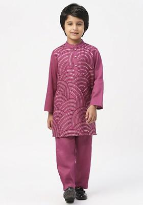 Purple Embroidered Cotton Kurta Set For Boys