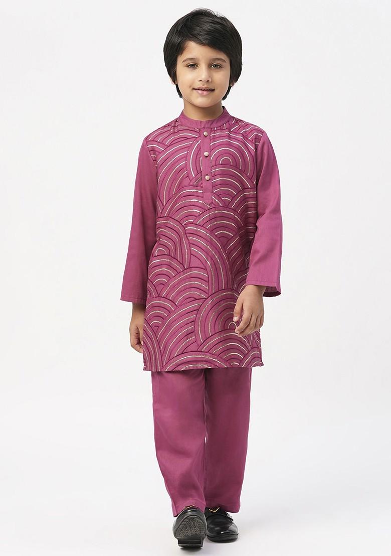 Purple Embroidered Cotton Kurta Set For Boys - Indya