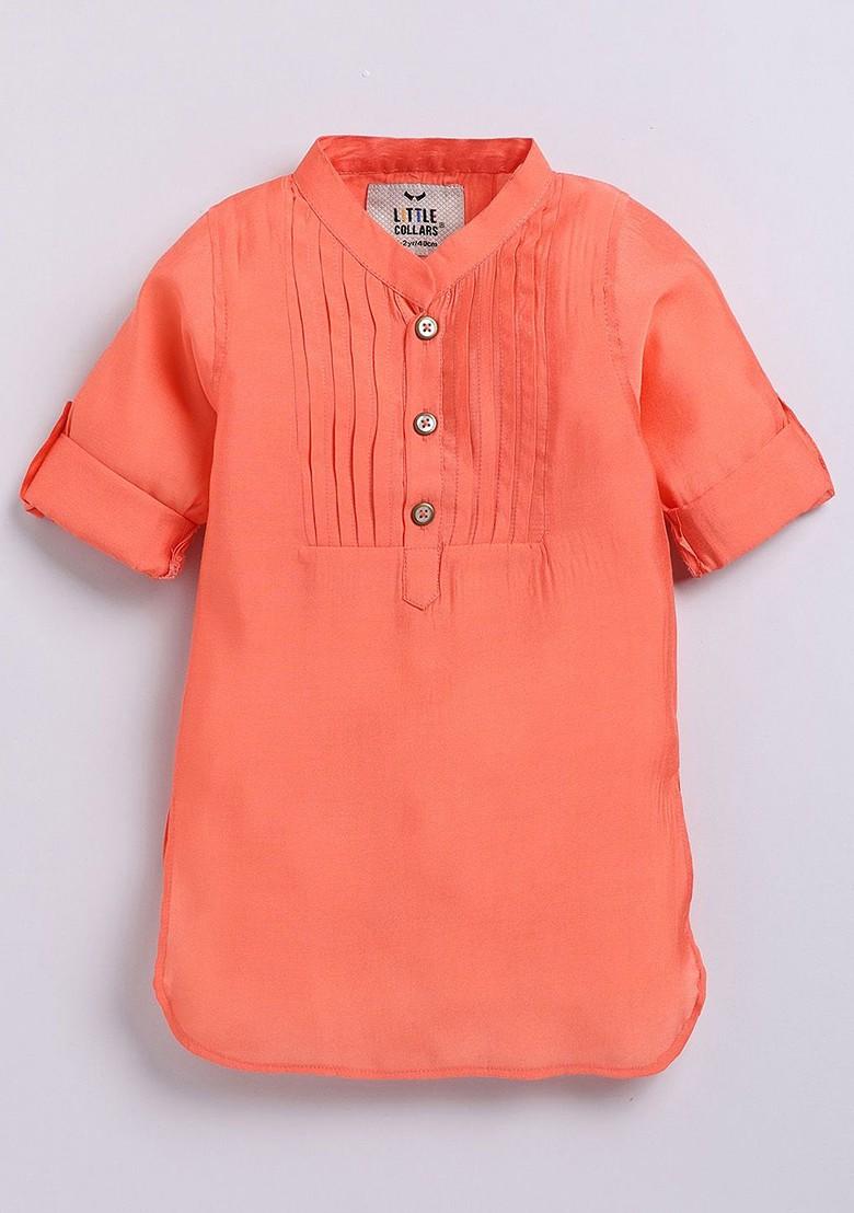 Peach Embroidered Blended Nehru Jacket Set For Boys - Indya