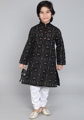 Black Printed Blended Kurta Set For Boys