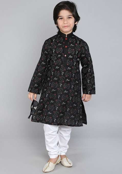 Black Printed Blended Kurta Set For Boys