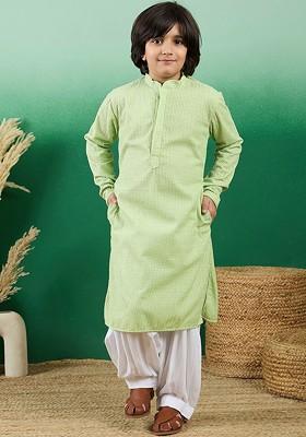 Fluorescent Green Self Design Blended Kurta Set For Boys