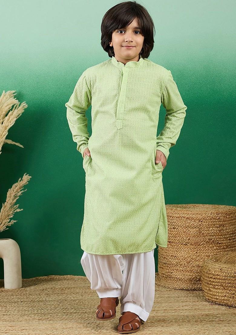 Fluorescent Green Self Design Blended Kurta Set For Boys - Indya